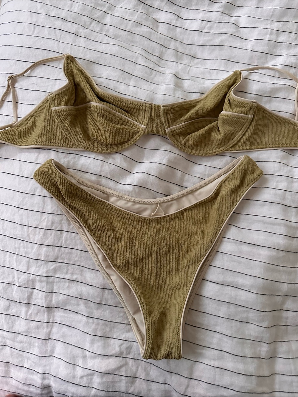 Zulu & Zephyr Avocado Green Ribbed Bikini Set with Cream Trim